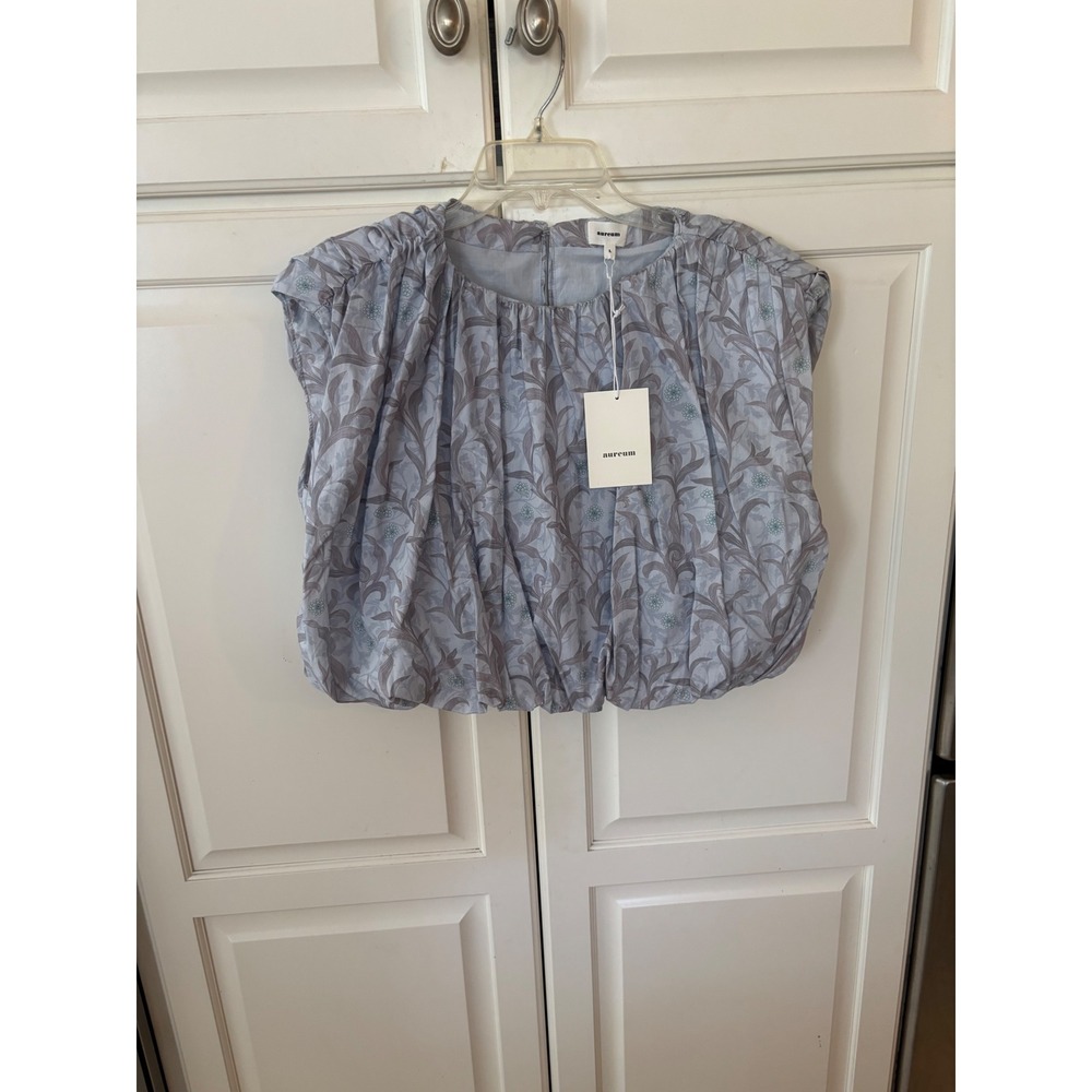 Aureum Light Blue Floral Botanical Print Gathered Neck Blouse Top‎ Womens Large
